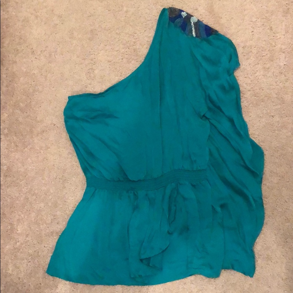 Turquoise silk one shoulder blouse